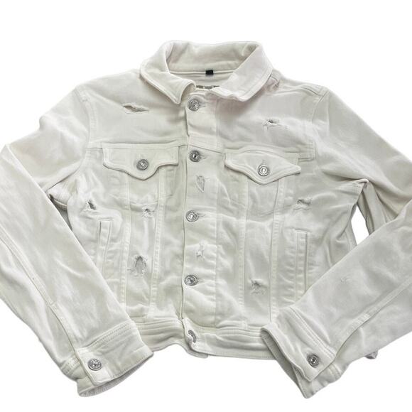 7 For all Mankind Jacket Womens Small White Denim Jean Trucker Distressed - Picture 1 of 8